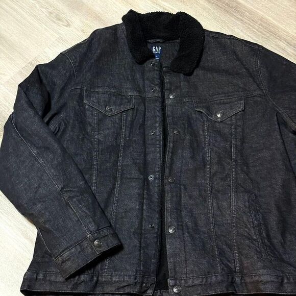 NWT NEW GAP Denim Jacket Black Wash Sherpa‎ Lined Size XXL Snap Front - Picture 1 of 8